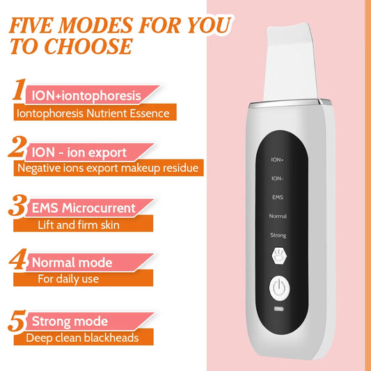 Ultrasonic Skin Scrubber 5 Modes LED Red Blue Light EMS Face Lift Blackhead Remover Acne Pore Cleaning Peeling Machine Shovel