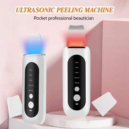 Ultrasonic Skin Scrubber 5 Modes LED Red Blue Light EMS Face Lift Blackhead Remover Acne Pore Cleaning Peeling Machine Shovel